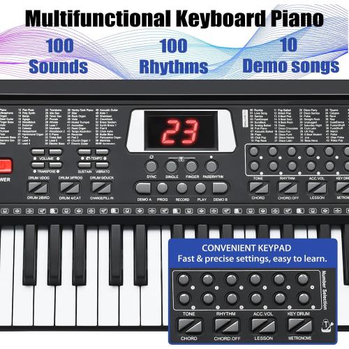 61 Key Keyboard Piano, Portable Electronic Keyboard Piano for Beginners with Speakers, Microphone, Sheet Music Stand, 100 Voices, 100 Rhythms, Digital Music Keyboard Built-In Speakers