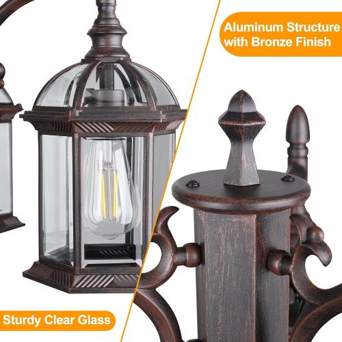 Dusk Dawn Bronze Outdoor Lamp Post Light with GFCI Outlet, Triple Head Aluminum Street Light Post for Outside with Sensor, Waterproof Birdcage Pole Lighting Fixture for Backyard Garden Patio Driveway