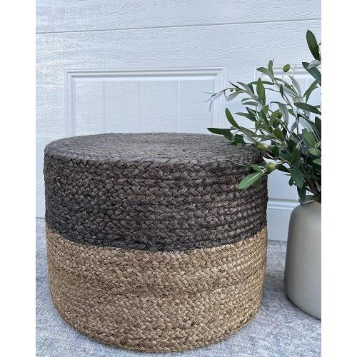 S & L Homes Pouf Ottoman - 100% Jute Braided Footrest Pouf Hand Knitted Traditional Cord Boho Pouffe for Living Room, Bedroom, Nursery, Patio, Lounge Colorblock - Natural Brown (20”x20”x10”)