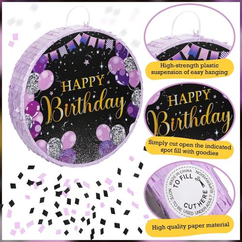 Sinmoe Birthday Piñata with Stick Blindfold and Confetti for Men Women Birthday Party Supply(Purple)