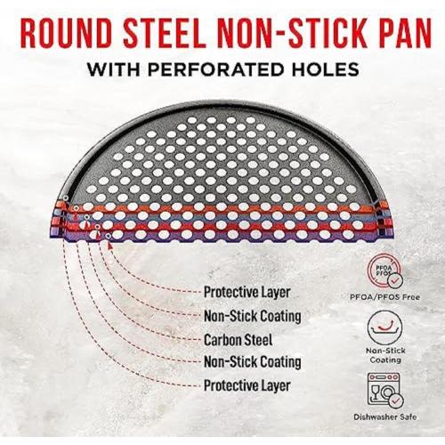 Bakken- Swiss Non-Stick Pizza Pan with Holes - 13-Inch Perforated Pizza Crisper Carbon Steel Pizza Pan - 2 Round Pizza Trays - PFOA PFOS and PTFE Free