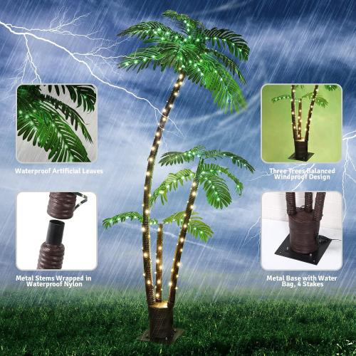 OUSHENG Lighted Palm Tree Bar Outdoor Christmas Decorations Decor, Light Up LED Artificial Fake Faux Trees Lights for Outside Patio Yard Pool Porch Deck Party Tropical, 6FT