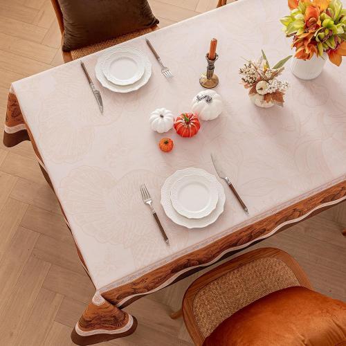 Romanstile Fall Rectangle Tablecloth 60 x 84 Inch, Thanksgiving Autumn Harvest Pumpkin Table Cloth, Stain Resistant Washable Table Cover for Dining, Party, Holiday Decor - Orange and Beige