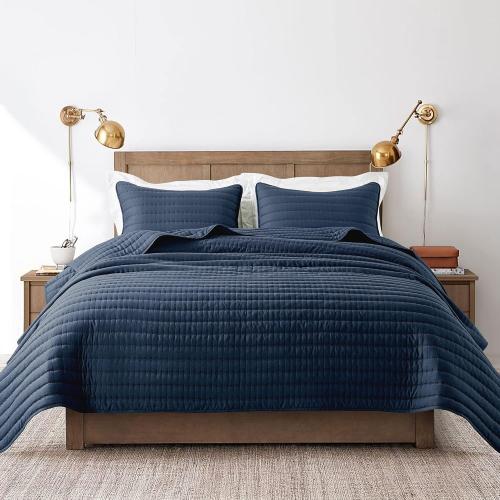 California Cal King Size Quilt Navy Blue Lightweight Bedspread Coverlet, Quilted Blanket Thin Comforter Bed Cover