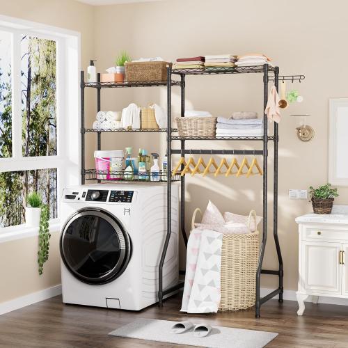 Golpart Over Washer and Dryer Shelves,Heavy Duty Laundry Room Storage Organization Clothes Drying Rack,5 Tier Adjustable Height Wire Shelving and Wire Basket with Hanger Rod&Hook,Space Saving Shelf | Heavy Duty, Clothes Drying Rack, Adjustable Height, Han