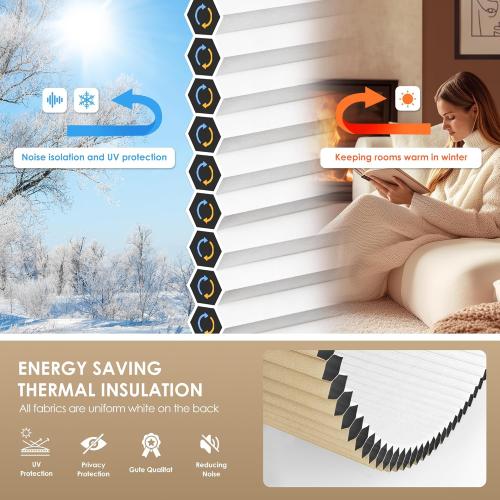 LazBlinds No Tools No Drill Cordless Cellular Shades, Blackout Light Blocking Honeycomb Shades for Home, Thermal Insulation Blinds for Windows, 34 W x 48 H, Beige