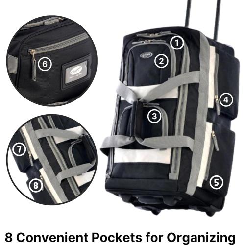 Black 22Inch Olympia U.S.A. 22 inch Carry On 8 Pockets Wheeled Rolling Duffel Bag Water Resistant Luggage Lightweight Travel Suitcase with Retractable Handle