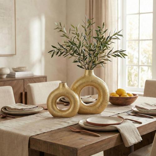 Gold Vase Decor Donut Vase Set of 2 - Circle Hollow Vases, Modern Matte Ceramic Vases for Entryway Living Room Bedroom Dining Table Centerpiece Office Home Decor
