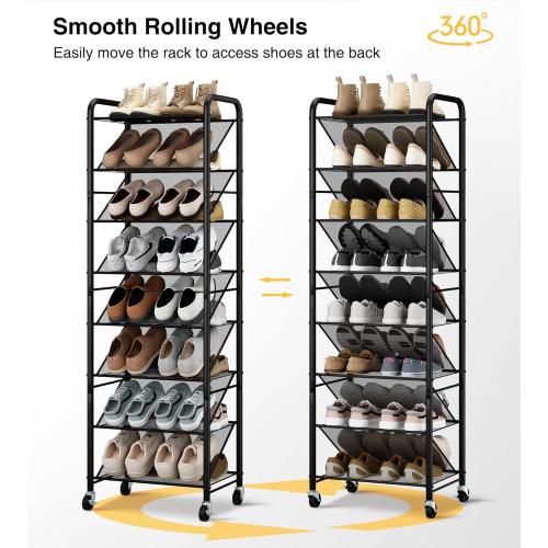 STO STO 8-Tier Narrow Shoe Rack with Lockable Wheels, Double-Sided Vinyl Mesh Shelf Shoe Organizer for Up to 30 Pairs, Slim Space Saving Metal Rolling Shoe Storage for Entryway, Closet, Hallway