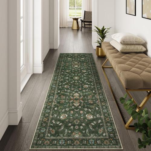 Green,2'6x8' Wonnitar Green Runners for Hallways 2.5x8 Boho Runner Rug, Low Pile Non Slip Washable Kitchen Runner Rug, Vintage Floral Stain Resistant Christmas Runner Rugs Carpet Runner for Bedroom,(Green,2'6x8')