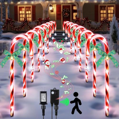 Hiboom 12 Pcs Christmas Candy Cane Light with 4 Christmas Theme Music, 20'' Pathway Markers Lights with Stakes Holiday Driveway Light for Xmas Holiday Party Walkway Garden Decor(Red, White)