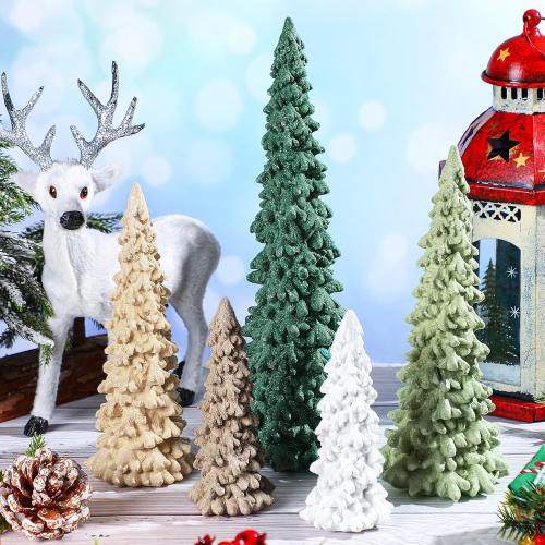 5 Pcs Sage Green Christmas Tree Figurines 11''/ 8.6''/ 7''/4.7'' Glittered Christmas Trees Resin Stone Xmas Holiday Figurines Xmas Desk Decor Centerpieces for Tabletop Decorations