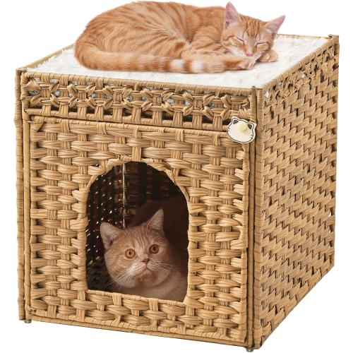 SETVSON Cat Beds for Indoor Cats Extra Large Double Cat Cave, Natural | Spacious Multi-Cat House, Furniture End Table Look, Soft Washable Cushion, Sturdy Metal Frame, 18.5x20.5x19.1 In Woven Cube