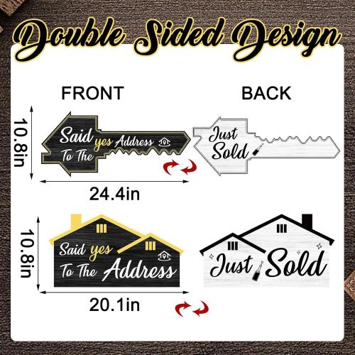 JarThenaAMCS 2 Pcs Extra Large Real Estate Sold Sign Double Sided Social Media Photo Props Wood House and Key Shaped Decor for New Homeowners Closing Gift Agent Supplies (Black, White)
