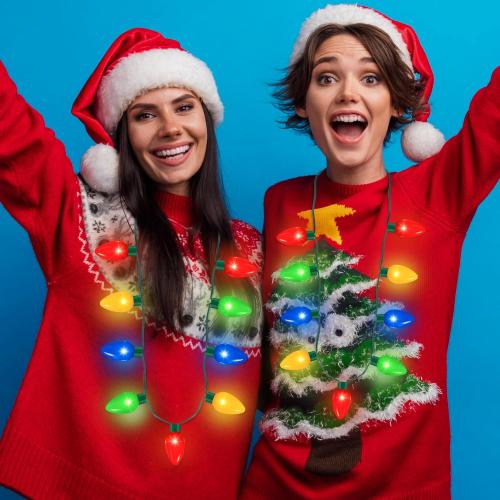 QZYL 2 Pack Christmas Light Necklace, Colorful Christmas Accessories, 9 LED Bulbs Light Up Necklace with 3 Flash Modes, Ugly Sweater Lights for Xmas New Year Party Favor Supplies Accessories