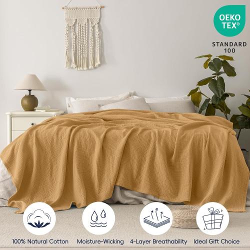 PHF 100% Cotton Muslin Blanket King Size 4-Layer Lightweight Gauze Throw, Breathable Cloud-Soft Minimalist Blanket for Bed, Couch, Camping, Amber, Ideal Gift