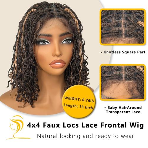 SOKU Braided Wigs for Black Women, 13 Inch Mini Twist Short Braided Wig 4x4 Lace Frontal Box Braid Wig Blonde Highlights Curly Braids Glueless Wigs for Daily Wearing