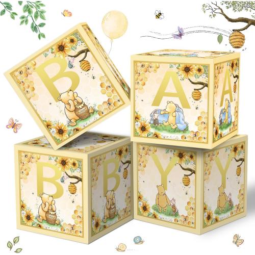 4 Pcs Bear Baby Boxes with Letters for Baby Shower Baby Shower Decorations Bear Box Blocks Gender Reveal Decorations (Yellow)