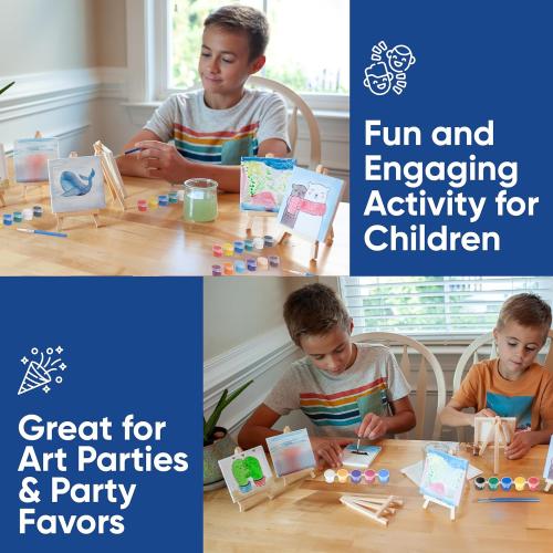 Mini Canvas and Easel Set with 10 Colors Acrylic Paint in Bulk Set of 12 - Kids Art Party Favors & Party Supplies - 4x4 Small Canvases for Painting with Mini Easel - Paint for Kids