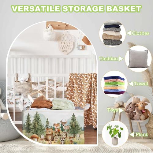 Cute Animals Storage Baskets, Woodland Nursery Decor, Woodland Baby Shower Decorations, Large Squarecanvas Laundry Hamper With A Waterproof PECoating, Foldable Kids Toy Clothes Bins for Bedroom