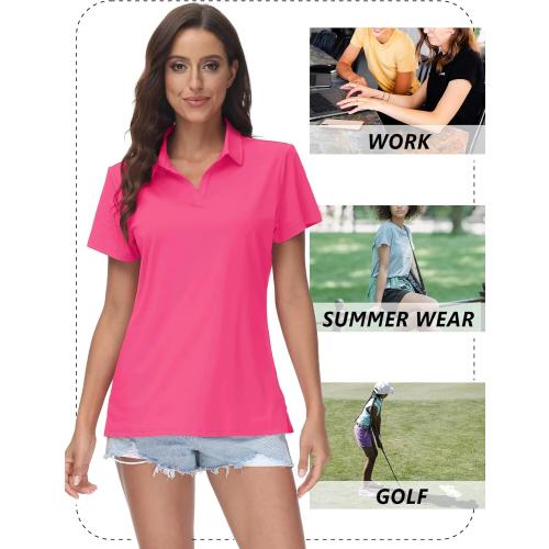 Zhenwei, Pink, Medium, Women's V-Neck Polo Shirts UPF 50  Short Sleeve Sun Protection Quick Dry Golf Polos Collared Shirt