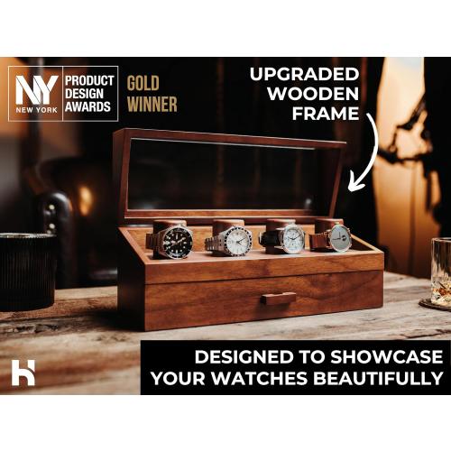 Holme & Hadfield 4 Slot Luxury Watch Display Case with Hinged Cover, Drawer