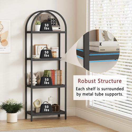 Yusong Bookshelf 4 Tier Arched Bookcase, 71.3 Tall Industrial Open Book Shelves for Living Room, Modern Freestanding Display Shelving Unit Storage Rack with Metal Frame, Office, Bedroom, Black