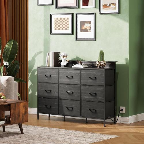 WLIVE Bedroom Dresser TV Stand 9 Drawers, Fabric Chest LED Lights, Charcoal | Black 9-drawer dresser TV stand fits 55in TV with wood top and charging station, fabric dresser for kids bedroom