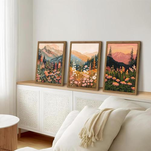 Boho Colorful Landscape wall art Wildflower Mountain Wall Decor Vintage Floral Forest Paintings Rustic Nature Pictures Canvas Prints for Living Room Bedroom Dining Room 16x24 Inch Wood Framed