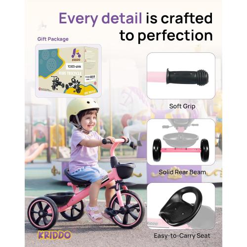 KRIDDO Toddler Tricycle for Toddlers Age 2-5, Tool-Free Trike