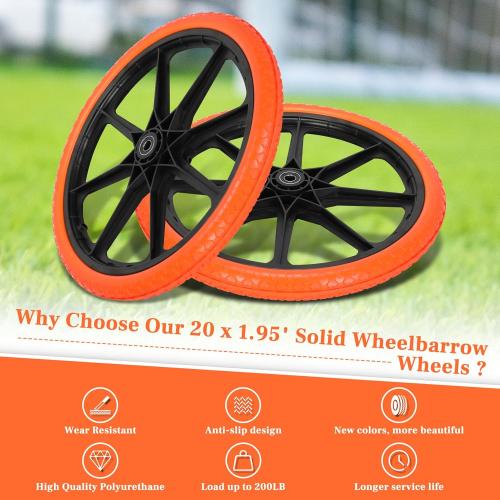Black and Orange Upgraded 20x1.95 Flat Free Tires Compatible with rubber-maid Wheelbarrow Wheels, 20 Flat Free Tires with 3/4 Bearing Replacement for rubber-maid Cart Wheels/Big Wheel Utility Carts(3/4 Bearing)