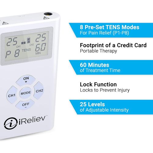 iReliev TENS Unit Electronic Pulse Massager, (8) Electrodes Pain Relief Bundle - Original TENS Unit Includes Extra Pads.