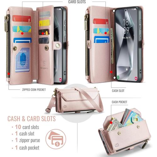 Strapurs for Samsung Galaxy S25 Plus - Zipper Strap Wallet Case, Rose Gold
