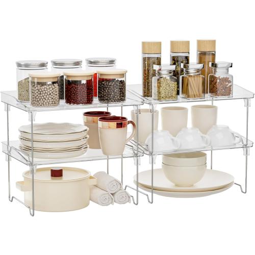 Acrylic Cabinet Organizer Shelf,4 Pcs Stackable Kitchen Counter Shelves,Spice Rack,Countertop Organizers,Clear Plastic Storage Organization for Makeup，Bathroom,Cupboard,Desk,Pantry