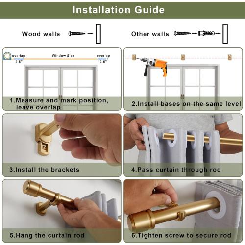 1 1/8 Inch Diameter Curtain Rods 36 to 72 Inches(3-6ft), Telescoping Heavy Duty Large Drapery Rod with Adjustable Aluminum Alloy Bracket, Solid End Caps for Windows Patio Decoration, Brushed Nickel