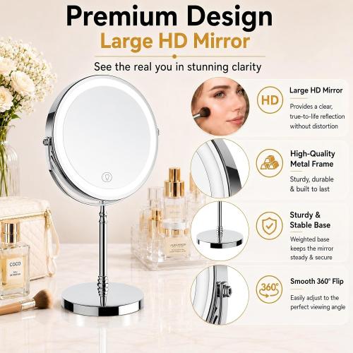 DEIOVWXS Makeup Mirror, Rechargeable Vanity Mirror with 3 Lights, 1X/10X