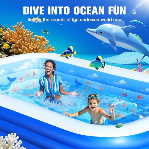 Color Blue Inflatable Pool with Canopy,Upgraded Inflatable Swimming Pool for Kids,Adult,Large Inflatable Blow up Pools,Ocean Theme Oversized Thickened Inflatable Family Pools for Backyard-Blue