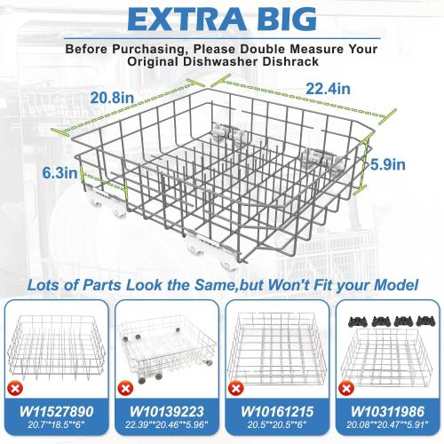 2026 UPGRADED W10728159 Dishwasher Lower Rack Replacement W10525646,Compatible with Kitchenaid Kenmore Whirlpool Maytag Dishwasher Bottom Rack Parts KDFE104DSS4/KDTE104ESS4,Comes 4pcs WP3376961 Roller