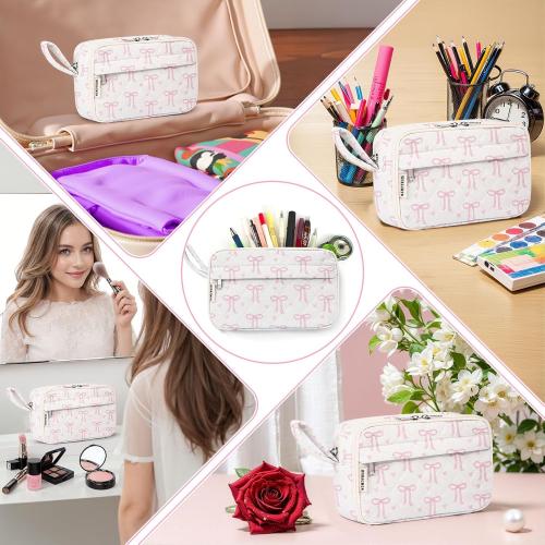 Quilted Pencil Pouch for Girls Women, Large Pencil Case Pouch with Compartments Cute Aesthetic Pencil Case Organizer, Floral Pencil Bag for School Supplies (Pink Bow)