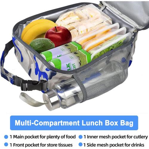 Insulated Lunch Bag, Leakproof Portable Box for Women Men Boys Girls, Large Capacity Cooler Bag with Handle and Bottle Pocket for Office School Camping Hiking Outdoor Beach Picnic (Camo Blue)