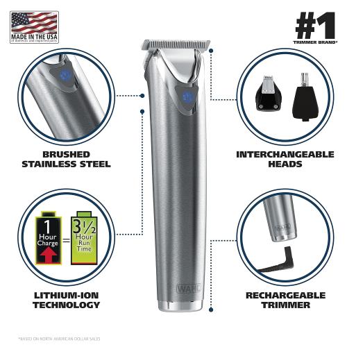 Wahl USA Stainless Steel Lithium-Ion Cordless Beard Trimmer for Men - Rechargeable All in One Men's Beard Trimmer with Rotary Ear & Nose Trimmer, & Detail Trimmer - Model 9818A
