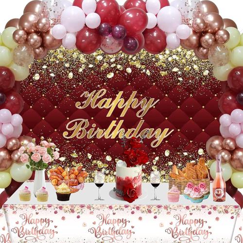 Red Cloth Renaiss Happy Birthday Backdrop Banner for Photoshoot Gold Diamonds Royal Red Photography Background for Men Women 30th 40th 50th 60th 70th 80th Bday Party Decor Glittering Photo Booth Prop