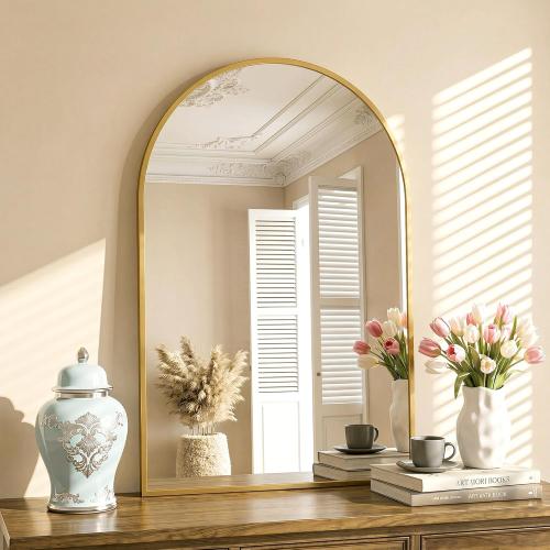 Antok Arched Bathroom Mirror, 24x36 Wall Mounted Mirror, Vanity Mirrors for Over Sink, Aluminum Alloy Frame Bathroom Mirrors Living Room, Bedroom and Entryway, Gold