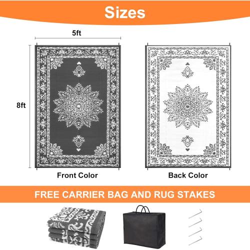 Yamaziot Outdoor Rug 5x8 Ft, Waterproof Plastic Straw Patio Rug, Reversible Backyard Carpet UV Resistant Portable RV Mat Clearance, Large Indoor Outdoor Rug for Patio, Porch, Deck, Balcony, Dark Gray