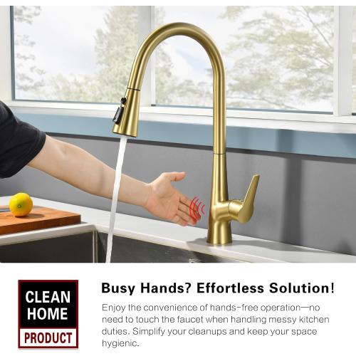 sumerain Touchless Pull Down Kitchen Faucet Brushed Gold Hands-Free Motion Sensor Kitchen Sink Faucet Single Handle