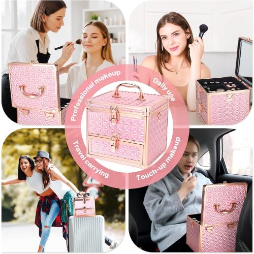 Makeup Case with Drawer, Detachable Lighted LED Mirror, Travel Vanity Organizer, Portable Cosmetic Train Case, Lockable Makeup Suitcase with Adjustable Dividers, Shoulder Strap, Brush Holder
