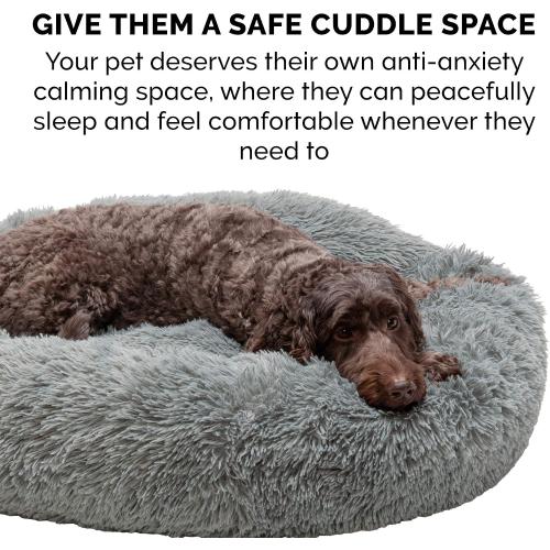 Furhaven 36 Round Calming Donut Dog Bed for Large/Medium Dogs, Refillable w/ Removable Washable Cover, For Dogs Up to 75 lbs - Shaggy Plush Long Faux Fur Donut Bed - Gray, Large