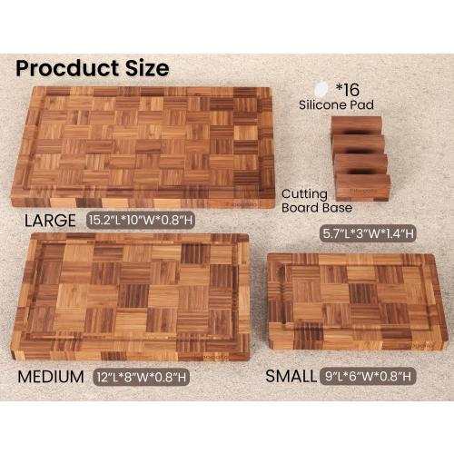 Fibogollo Set of 3 Bamboo Kitchen Cutting Boards with Juice Groove | Chopping Boards Set,End Grain Bamboo Butcher Block with Storage Stand,Serving Board and Charcuterie with Holder