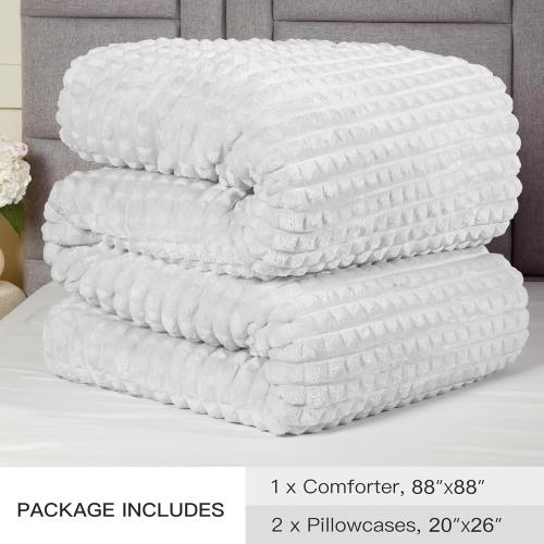 White 3Pc  Plush & Plaid Queen Fluffy Fleece Comforter Set with 2 Pillowcases, Extra Soft Warm Winter Bedding Set for Men Women Kid, Thick Heavy-Weight Luxury Furry Bed Set for Boy Girl, White