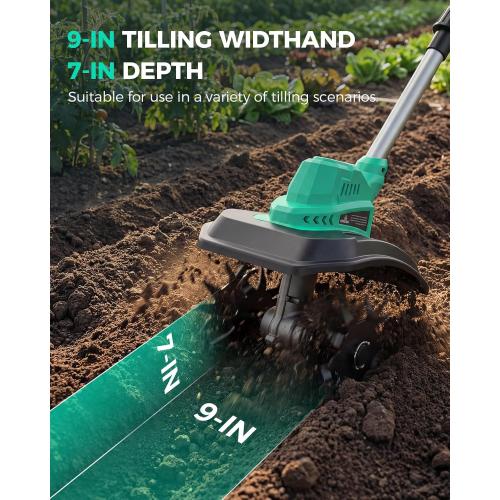 21V Cordless Tiller Cultivator for Gardening, 350 RPM Electric Garden Tiller with 2×3.0Ah Batteries, 9-Inch Tilling Width 7-Inch Depth Lightweight Hand Tiller for Soil Cultivation, Lawn, Composting